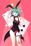  1girl animal_ears bowtie bunnysuit card detached_collar female green_hair macross macross_frontier mintpompom playing_card rabbit_ears ranka_lee red_eyes short_hair vest wrist_cuffs 