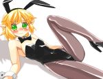  1girl animal_ears bare_arms bare_shoulders black_legwear blonde_hair blush bunny_girl bunnysuit detached_collar fake_animal_ears green_eyes leg_up leotard looking_at_viewer lying mizuhashi_parsee mono_(moiky) on_back pantyhose pointy_ears rabbit_ears solo touhou wavy_mouth wrist_cuffs 