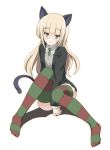  animal_ears between_legs blonde_hair blush cat_ears cat_tail glasses hand_between_legs hime_cut jacket lynette_bishop_(cosplay) military military_uniform necktie ouhashi perrine_h_clostermann strike_witches striped striped_legwear tail thigh-highs uniform vest yellow_eyes 