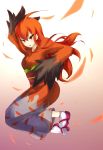  1girl ahoge feathers japanese_clothes jumping long_hair orange_hair personification pokemon red_eyes sandals solo talonflame tikurin_gyo 