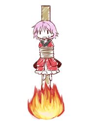  1girl burning_at_the_stake fire japanese_clothes kimono nibi purple_hair simple_background sketch solo sukuna_shinmyoumaru sweatdrop touhou white_background |_| 