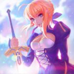  1girl ahoge blonde_hair blue_eyes breasts cleavage dress excalibur fate/stay_night fate_(series) hair_ribbon highres ilya_kuvshinov puffy_sleeves ribbon saber solo sword weapon 