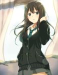  1girl black_eyes black_hair cardigan cccpo hand_in_hair idolmaster idolmaster_cinderella_girls jewelry long_hair long_sleeves looking_at_viewer loose_necktie necklace necktie school_uniform shibuya_rin shirt skirt solo window 