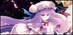  1girl bow crescent crescent_hair_ornament hair_ornament hat long_hair pajamas patchouli_knowledge purple_hair red_bow red_ribbon ribbon solo tokiame touhou violet_eyes 