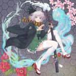  1girl blue_eyes cherry_blossoms grey_eyes hair_ribbon highres katana konpaku_youmu konpaku_youmu_(ghost) looking_at_viewer mumulatte ribbon scarf shirt skirt skirt_set solo sword thigh-highs thighs touhou uneven_eyes vest weapon white_legwear zettai_ryouiki 