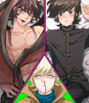  3boys asuka_ryou black_eyes black_hair blonde_hair blood blush coat demon devilman dual_persona eyebrows fangs fudou_akira gakuran head_wings lying multiple_boys mumilove nosebleed school_uniform short_hair turtleneck wings yaoi 