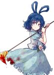  1girl blood bloody_clothes blue_eyes blue_hair dress frilled_dress frills kaku_seiga parody pose puffy_short_sleeves puffy_sleeves short_hair short_sleeves simple_background smile staff touhou uranaishi_(miraura) weapon white_background 