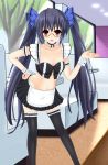  1girl black_hair breasts choujigen_game_neptune glasses hair_ornament long_hair navel neptune_(series) noire open_mouth red_eyes twintails waitress 