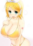  1girl bikini blonde_hair blush breasts facominn fang hair_ornament hair_ribbon hairclip headset highres huge_breasts kagamine_rin open_mouth ribbon short_hair solo swimsuit tattoo vocaloid 