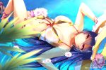  1girl absurdres artist_name bangle bikini black_hair bracelet breasts dean flower hat highres jewelry leaf long_hair lying navel on_back partially_submerged shironeko_project solo swimsuit violet_eyes 