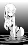  1girl bikini breasts hand_on_own_chest ken_(koala) large_breasts long_hair looking_at_viewer monochrome original short_hair simple_background swimsuit water white_background 
