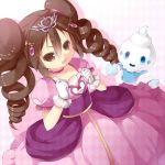  1girl brown_eyes brown_hair commentary_request dress drill_hair long_hair mei_(pokemon) pokemon pokemon_(creature) pokemon_(game) pokemon_bw2 pokewood saru vanillite 