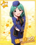  blue_hair blush character_name happy hat idolmaster idolmaster_million_live! red_eyes short_hair tokugawa_matsuri uniform 
