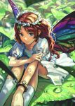  1girl absurdres blue_eyes brown_hair butterfly_wings dress flower hair_flower hair_ornament head_wreath highres long_hair mole mole_under_eye original pine_(yellowpine112) smile solo water_droplets wings 