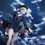  blue blue_eyes clothes_writing clouds cloudy_sky from_below hat kantai_collection outstretched_arm ribbon sailor_dress sailor_hat shizu_(9394marimo) short_hair sky solo turret turtleneck white_hair wind z1_leberecht_maass_(kantai_collection) 