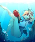  1girl ahoge air_bubble bubble hair_ornament holding_breath i-58_(kantai_collection) kantai_collection long_legs pink_hair red_eyes school_swimsuit school_uniform serafuku short_hair solo swimsuit swimsuit_under_clothes torpedo tousei underwater 