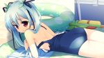  1girl artist_request ass bare_shoulders beach_towel blue_hair character_request cooler copyright_request hair_ribbon innertube long_hair lying on_stomach red_eyes ribbon smile solo strap_slip twintails water_gun 