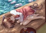  1girl animal_ears barefoot brown_eyes brown_hair cat_ears cat_tail chen ging1993 jewelry long_sleeves lying multiple_tails nekomata on_side short_hair single_earring solo tail touhou two_tails 