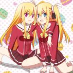  2girls blonde_hair blue_eyes charlotte_(anime) dual_persona long_hair multiple_girls nishimori_misa nishimori_yusa red_eyes school_uniform shino_(sosuketo) siblings side_ponytail sisters twins 