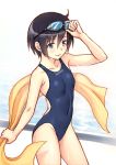  1girl absurdres black_hair blue_eyes competition_swimsuit goggles goggles_on_head highres kuri_(kurigohan) one-piece_swimsuit original swimsuit towel wet 