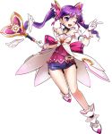  1girl ;d absurdres aisha_(elsword) bare_shoulders dimension_witch_(elsword) elsword gloves hair_ornament hair_ribbon hairclip highres long_hair official_art one_eye_closed open_mouth purple_hair purple_skirt ribbon skirt smile solo transparent_background twintails violet_eyes wand 