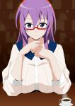  1girl bespectacled breasts cup dragon_yukano glasses hera_(hara0742) highres huge_breasts long_hair looking_at_viewer ninja_slayer purple_hair short_sleeves smile solo table teacup violet_eyes 