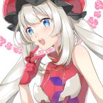  1girl :d blue_eyes citron_82 fate/grand_order fate_(series) flower gloves hat jewelry long_hair marie_antoinette_(fate/grand_order) open_mouth ring silver_hair smile solo upper_body 