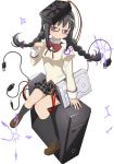  1girl akemi_homura black_hair blush braid cable cpu glasses hairband long_hair mahou_shoujo_madoka_magica official_art red-framed_glasses school_uniform twin_braids usb violet_eyes 