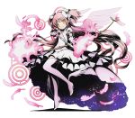  1girl bow dress fire gloves goddess_madoka hair_bow hair_ribbon kaname_madoka long_hair magical_girl mahou_shoujo_madoka_magica official_art pink_fire pink_hair ribbon shoes smile starry_sky_print thigh-highs twintails two_side_up winged_shoes wings yellow_eyes 