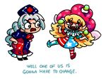  &gt;:o 2girls :o american_flag_legwear american_flag_shirt angry asymmetrical_clothes blonde_hair braid clownpiece english frills grey_eyes grey_hair hat jester_cap long_hair multiple_girls nurse_cap peachems_(gemu) red_eyes sharp_teeth shirt star_print striped striped_legwear striped_shirt touhou troll_face yagokoro_eirin 