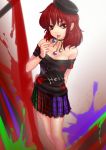  bare_shoulders breasts choker cleavage clothes_writing earrings english eyeshadow hater_(artist) hecatia_lapislazuli highres jewelry licking makeup piercing red_eyes redhead saliva skirt tongue_piercing touhou 