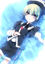  1girl blonde_hair blush hand_on_own_stomach hat highres kazetto lunasa_prismriver lying_on_water red_eyes short_hair solo touhou 