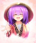  1girl ^_^ bowl_hat closed_eyes commentary outstretched_hand purple_hair smile sukuna_shinmyoumaru touhou z.o.b 