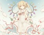  1girl blonde_hair dress envelope flandre_scarlet flower gensou_aporo hair_flower hair_ornament holding looking_at_viewer petals ponytail red_eyes side_ponytail smile solo touhou wings wrist_cuffs 