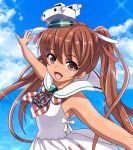  1girl anchor bare_shoulders brown_eyes brown_hair clouds cloudy_sky dark_skin fang hair_ribbon highres kantai_collection libeccio_(kantai_collection) light_particles long_hair looking_at_viewer open_mouth outstretched_arms ribbon sailor_dress school_uniform shirt sky sleeveless sleeveless_shirt solo tk8d32 twintails 