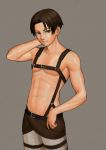  1boy abs belt black_hair brown_eyes grey_background lasterk levi_(shingeki_no_kyojin) navel shingeki_no_kyojin short_hair simple_background solo strap thigh_strap 