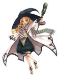  1girl blonde_hair facial_mark forehead_mark green_eyes hat keg long_hair open_mouth original scarf solo staff star teeth wavy_hair white_background witch witch_hat 