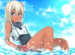  1girl afloat blonde_hair blue_eyes blush crop_top flower hair_flower hair_ornament highres kantai_collection lifebuoy long_hair looking_at_viewer lying okomeito open_mouth partially_submerged ro-500_(kantai_collection) sailor_collar school_swimsuit smile solo swimsuit swimsuit_under_clothes tan tanline water 