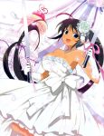  1girl black_hair breasts dress elbow_gloves flower gloves green_eyes hair_flower hair_ornament highres homura_(senran_kagura) jewelry large_breasts long_ponytail necklace official_art petals ponytail senran_kagura senran_kagura_(series) smile sword weapon wedding_dress 