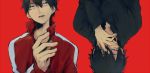  black_eyes black_hair black_shirt grin hand_in_front_of_face hoodie kagerou_project kisaragi_shintarou looking_at_viewer open_mouth red_background shirt shizu_(9394marimo) simple_background smile track_jacket upper_body upside-down 