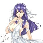  1girl arm_ribbon breasts brown_eyes character_request cleavage dress fairy_tail finger_to_mouth hair_ribbon hairband large_breasts long_hair no_bra purple_hair ribbon sideboob solo white_dress xiaoye_xun 