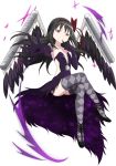  1girl akemi_homura akuma_homura argyle argyle_legwear bare_shoulders black_dress black_feathers black_gloves black_hair bow choker dress elbow_gloves feathered_wings finger_to_mouth gloves hair_bow high_heels long_hair mahou_shoujo_madoka_magica mahou_shoujo_madoka_magica_movie official_art outstretched_hand ribbon spoilers thigh-highs transparent_background violet_eyes wings 