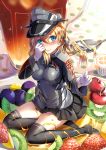  1girl anchor_hair_ornament blonde_hair blue_eyes blush food fruit gloves hair_ornament hat highres kantai_collection long_hair military military_uniform peaked_cap prinz_eugen_(kantai_collection) pudding qian_wu_atai solo spoon thigh-highs twintails uniform white_gloves 