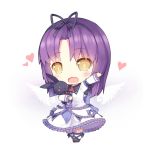  1girl blush chibi hair_ribbon heart open_mouth purple_hair ribbon saru smile solo 