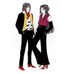  2boys black_hair contemporary ginmu hands_in_pockets high_heels jirou_tachi male_focus multiple_boys ponytail smile sunglasses sunglasses_on_head tarou_tachi touken_ranbu yellow_eyes 