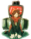  between_legs brown_hair closed_eyes hair_ornament hairclip hand_between_legs happy kagerou_project kneehighs loafers projector scarf school_uniform shizu_(9394marimo) shoes sitting skirt smile solo tateyama_ayano television wariza 