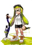  1girl :/ backpack bag bike_shorts blush buttons dress_shirt full_body goggles goggles_on_head green_hair highres holding horikoshi_kouhei inkling long_hair long_sleeves looking_at_viewer orange_eyes paint paintbrush pointy_ears shirt shoes simple_background sneakers solo splatoon sprinkler standing tentacle_hair white_background white_shoes 