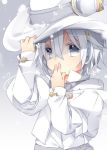 1girl arm_up covering covering_mouth grey_eyes hand_on_own_face hat holding holding_hat kazato_fuuchi long_sleeves looking_at_viewer original puffy_long_sleeves puffy_sleeves short_hair solo upper_body white white_clothes white_hair white_hat 