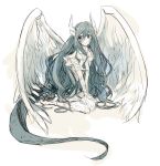 1girl a1ri dragon_girl horns long_hair monochrome monster_girl original sitting sketch smile solo tail v_arms wings