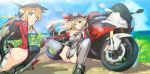  2girls absurdres anchor_hair_ornament armadillo-tokage bismarck_(kantai_collection) blonde_hair blue_eyes breasts detached_sleeves hair_ornament hat highres kantai_collection long_hair military military_uniform motor_vehicle motorcycle multiple_girls peaked_cap prinz_eugen_(kantai_collection) smile squatting thigh-highs twintails uniform vehicle 